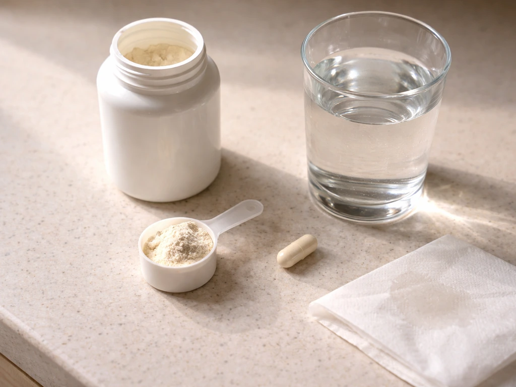Supplement bottle and measuring spoon on a kitchen counter with a glass of water, hinting at loose-stool red flags.