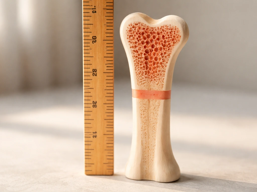 Height ruler aligned with a simplified growth-plate bone cross-section to show growth drives height, not supplements.