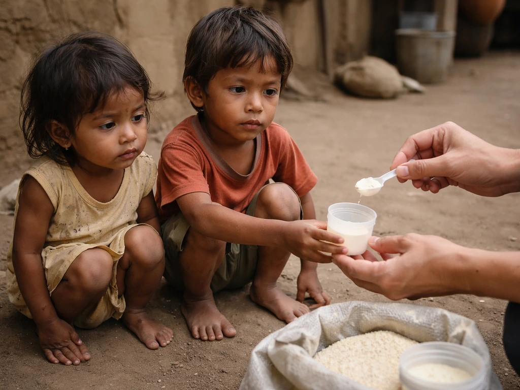Rural healthcare setting with stunted young children receiving a measured vitamin supplement dose