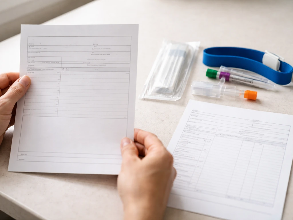 Close-up of hands holding a lab requisition beside a blood draw kit and a printed 25(OH)D result sheet.