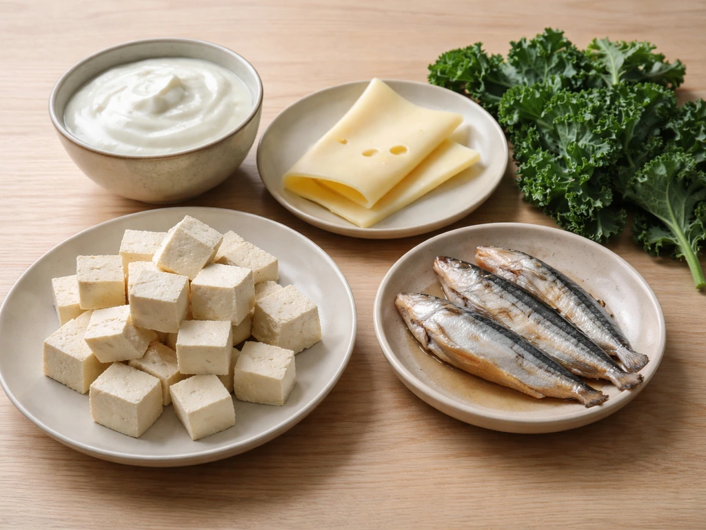 Assorted foods—yogurt, cheese, tofu, sardines with bones, and kale—on a wooden table.