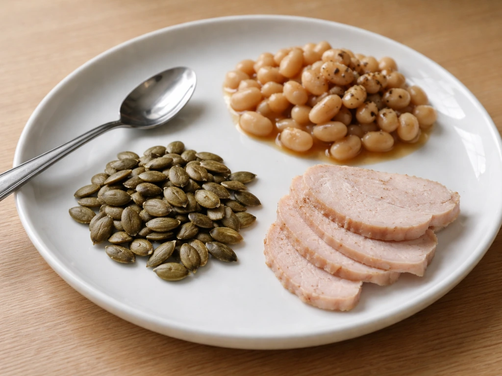 Close-up of zinc-rich foods—pumpkin seeds, beans, and meat—on a simple plate with a small spoon for serving context.