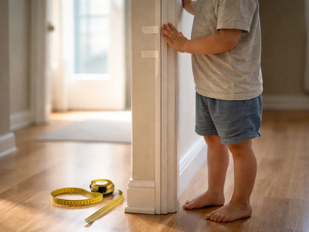 Child measuring height at home beside a doorframe with tape marks showing a small morning-to-evening difference.
