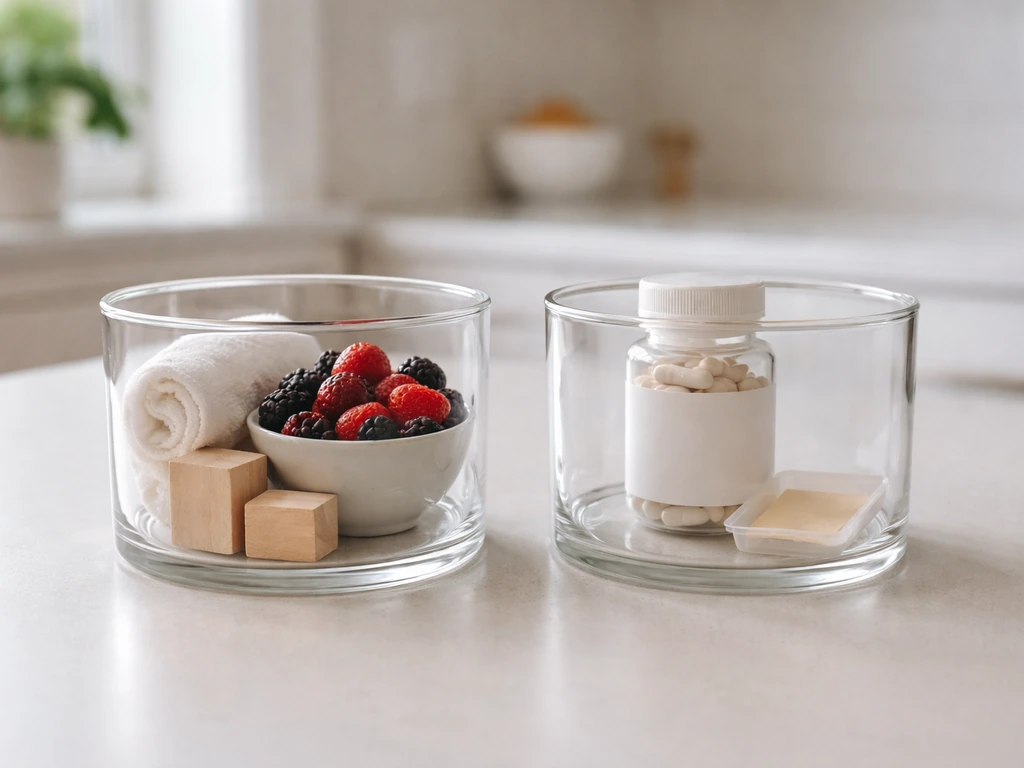 Two unlabeled glass containers showing helpful habits items vs ineffective hack items on a table.