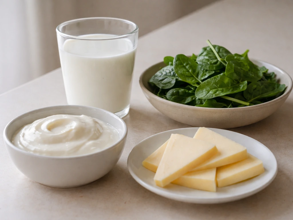 Calcium-rich foods—milk, yogurt, leafy greens, and cheese—neatly arranged on a simple table