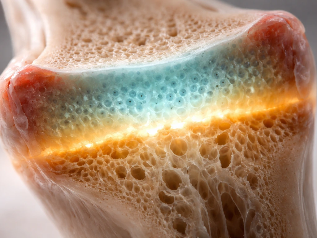 Close-up of an open growth plate region between two ends of long bones, showing cartilage to new bone growth.