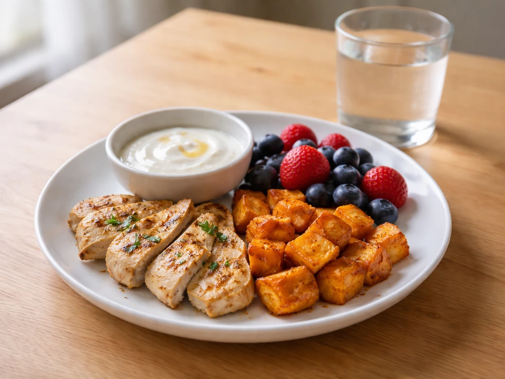 Minimal meal plate emphasizing protein and balanced calories with chicken, sweet potatoes, yogurt, and berries.