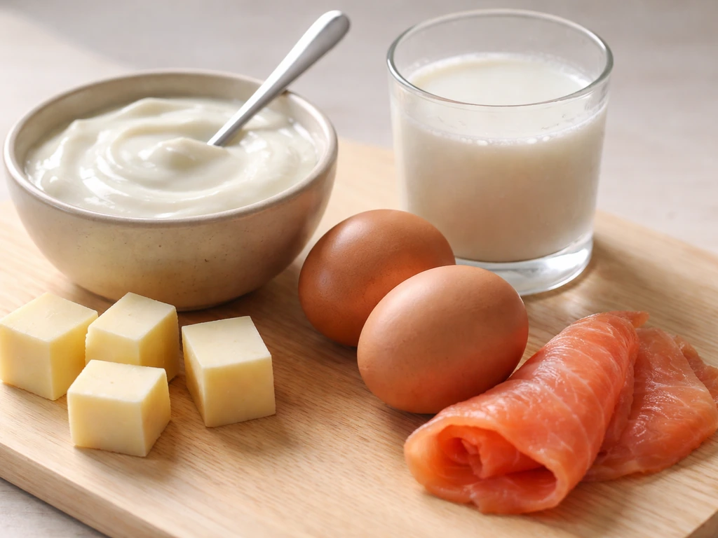 Close-up of yogurt, milk, cheese, eggs, and salmon on a light wooden surface.