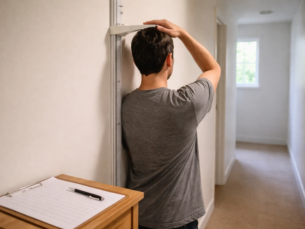 Anonymous adult using a wall-mounted stadiometer while marking a simple growth log sheet.