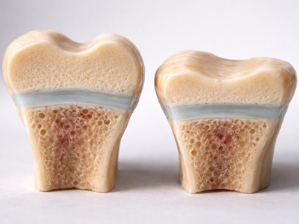 Photoreal close-up of long bone ends showing cartilage growth plate bands near femur and tibia.