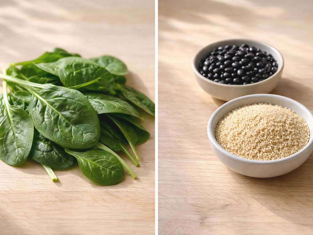 Half spinach leaves beside small bowls of zinc- and calcium-rich foods on a wooden table