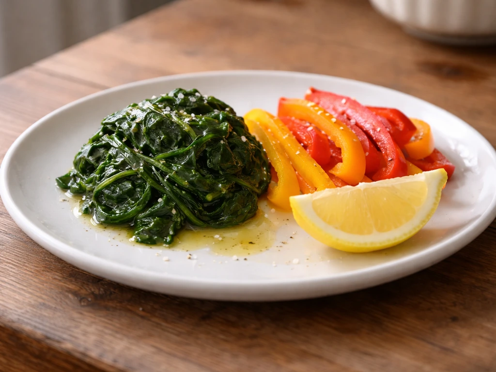 Close-up of cooked spinach on a plate paired with sliced bell pepper and a lemon wedge.