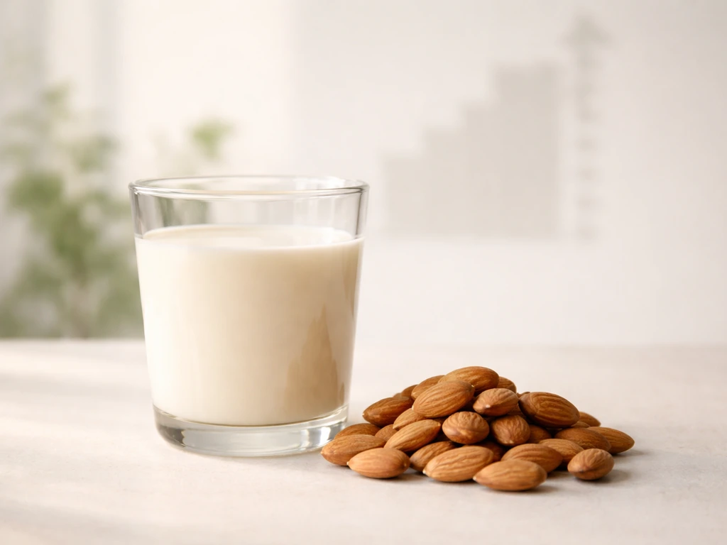 Almonds and a glass of almond milk on a clean table with a subtle blurred height-growth visual