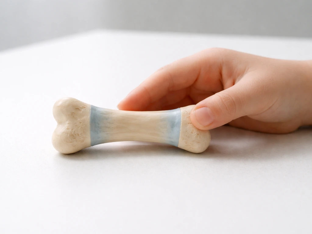 Close-up of a child’s hand holding a small model of a leg bone growth plate in a simple lab-like setting.