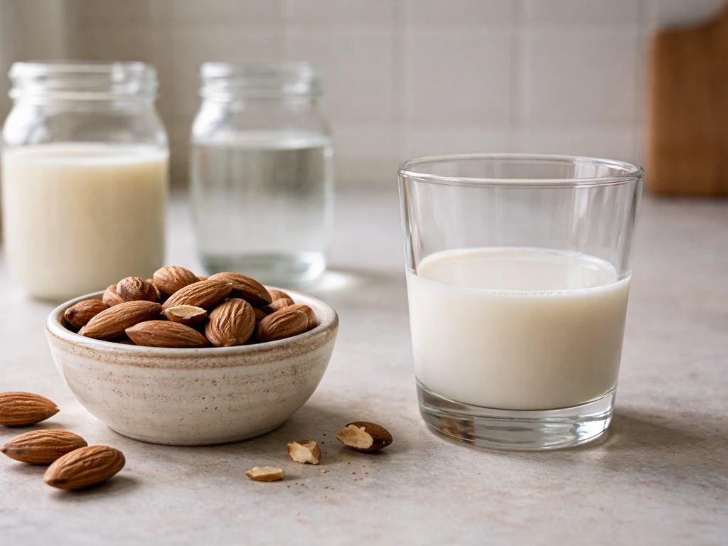 Almonds and soy milk in a kitchen, with subtle myth-vs-reality concept elements, no text.