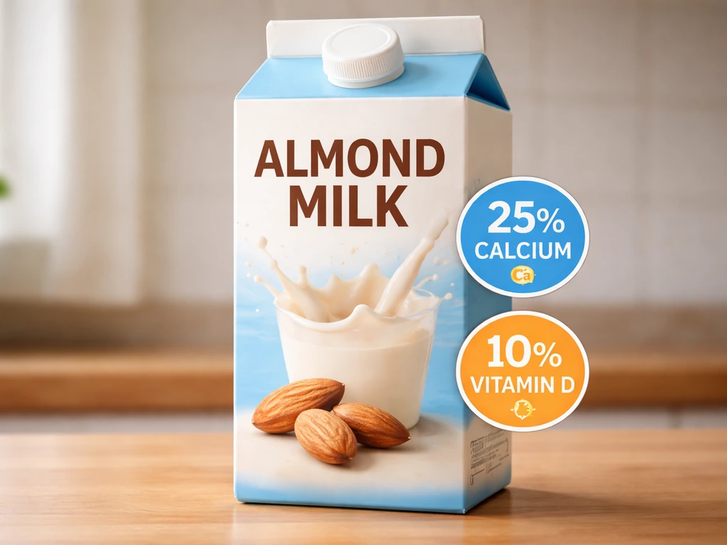 Close-up of a fortified almond milk carton showing calcium and vitamin D percentage callouts on the label.