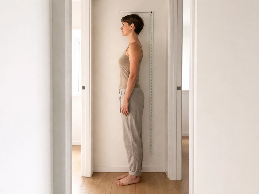 Adult standing in a doorway with proper posture, measuring height beside a wall-mounted height gauge