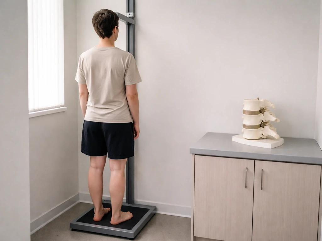 Adult standing at a stadiometer in a clinic, with a separate conceptual cue for closed growth plates.