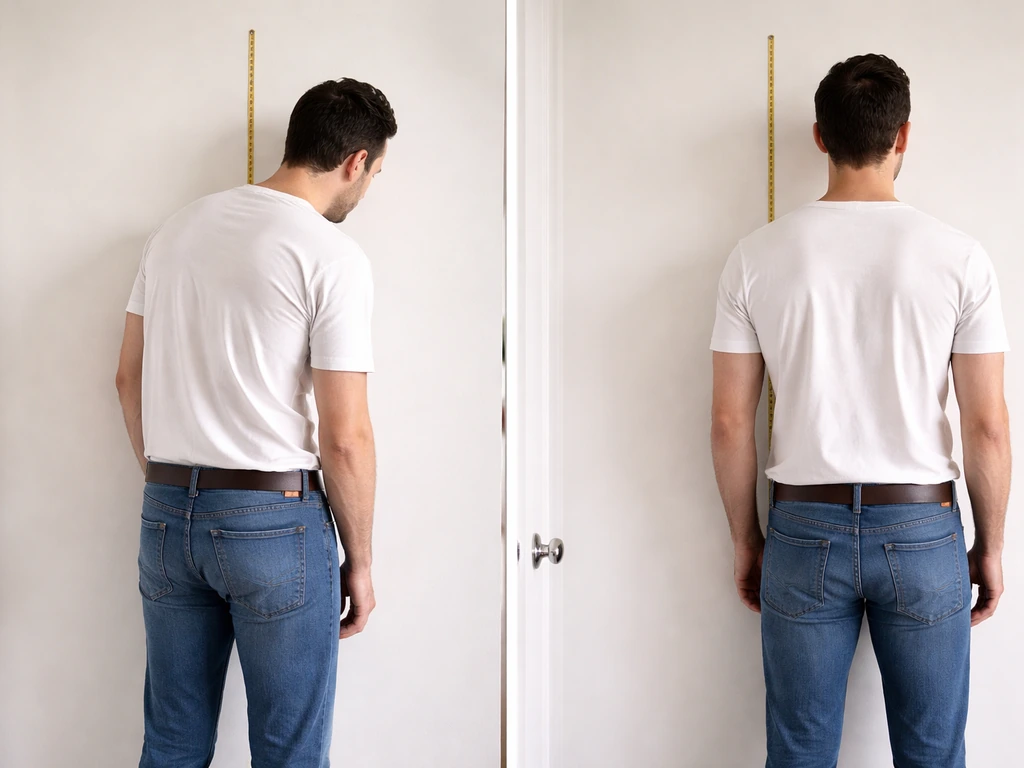Minimal side-by-side slouched vs upright posture showing a height difference with a tape measure, no face visible.
