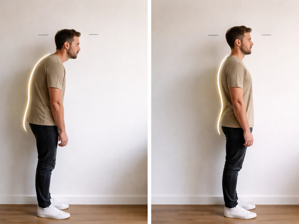 Split view of slouched vs neutral posture beside a plain wall height reference marks.