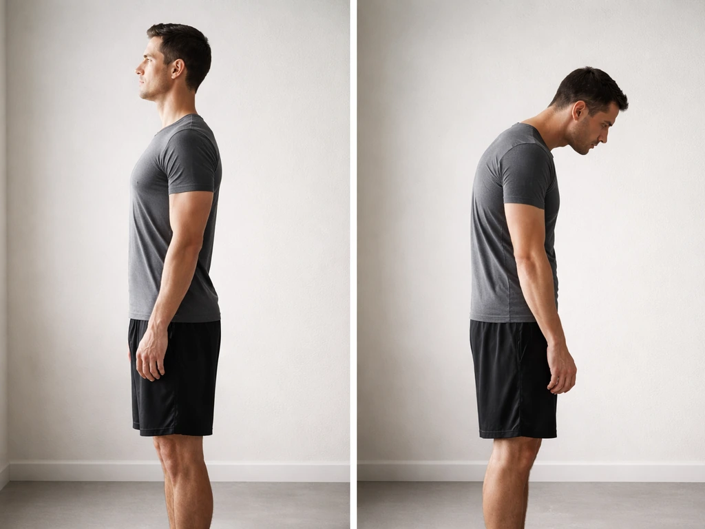 Side-by-side upright vs forward-head rounded-shoulders posture comparison on neutral wall.