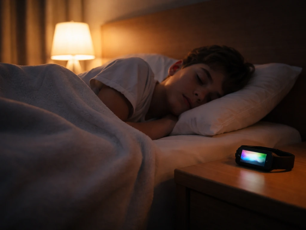 Teen in bed at night with a smartwatch-style glow showing calm sleep stages, cozy dark bedroom