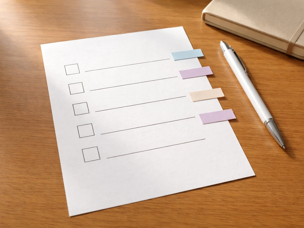 Minimal paper checklist with empty checkboxes, pen, and colored sticky tabs on a wooden desk.