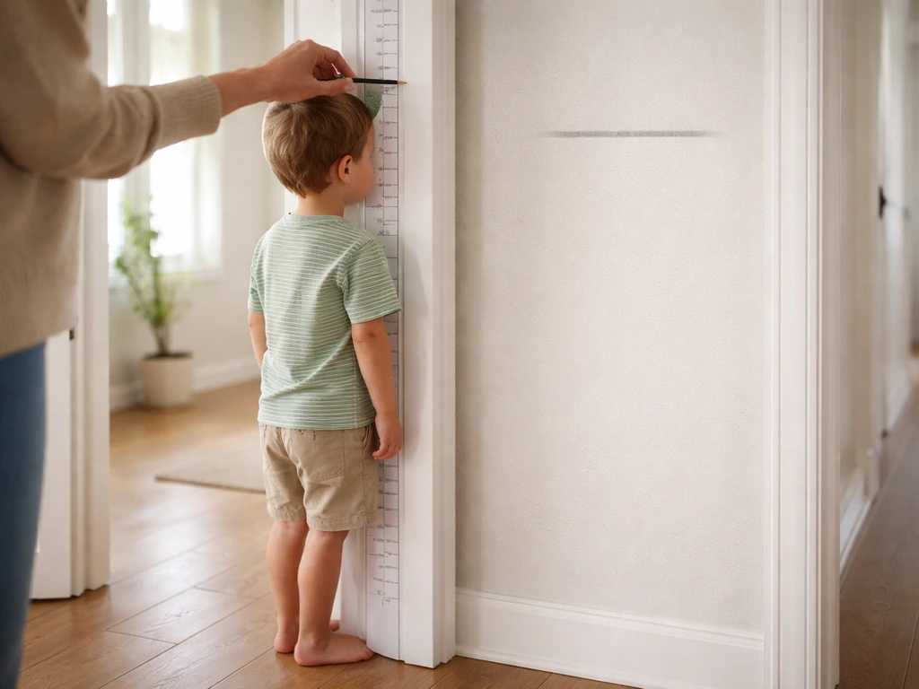 Parent measuring child height at a doorframe growth ruler, with a separate adult height mark beside it.