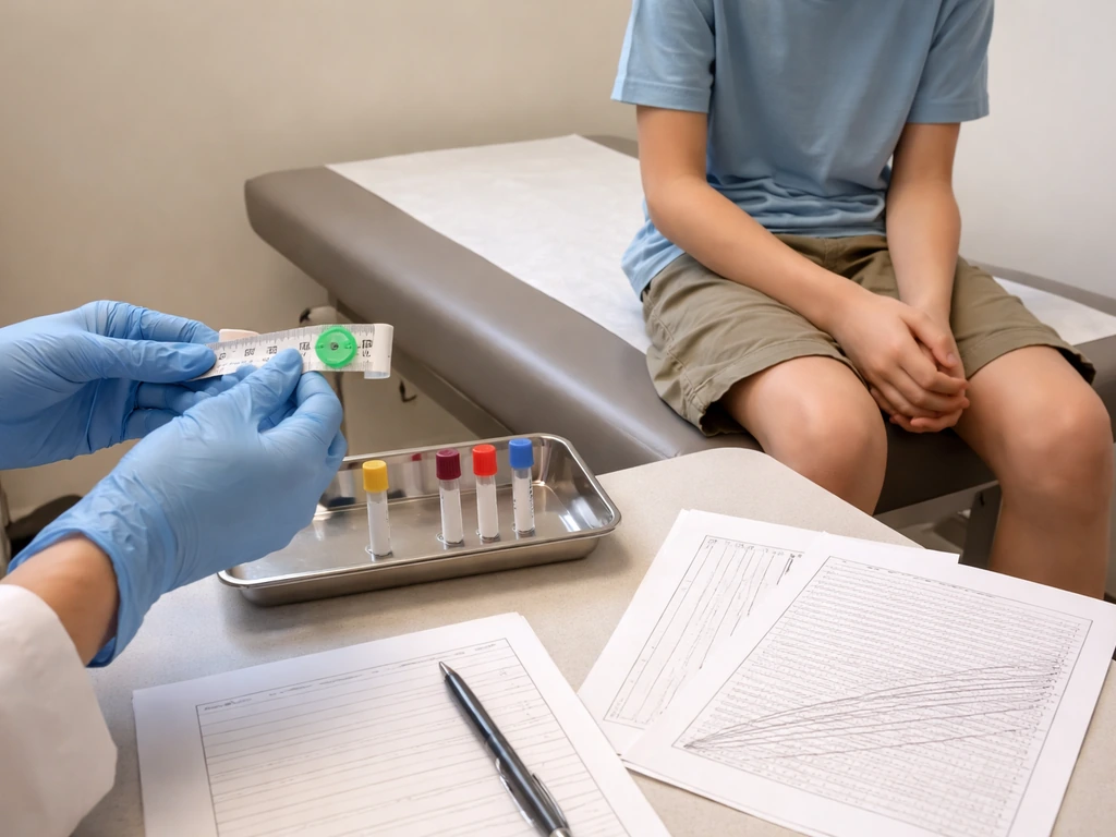 Clinician shows a measurement tape and arranged blood test tubes during an endocrinology check-up visit.