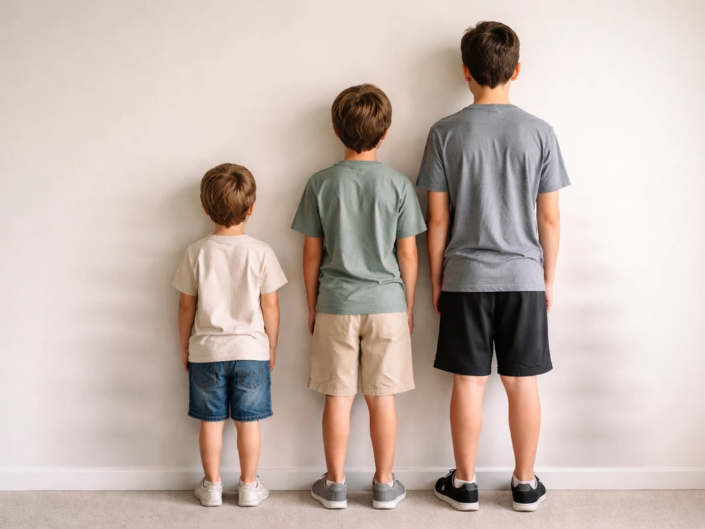 Anonymous child and teen growth stages standing near a plain wall in natural light.