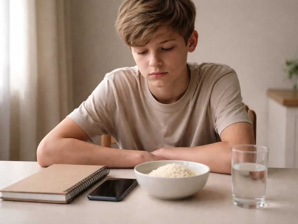 Anonymous teen at a kitchen table with plain food and a face-down phone, looking tired in natural light.