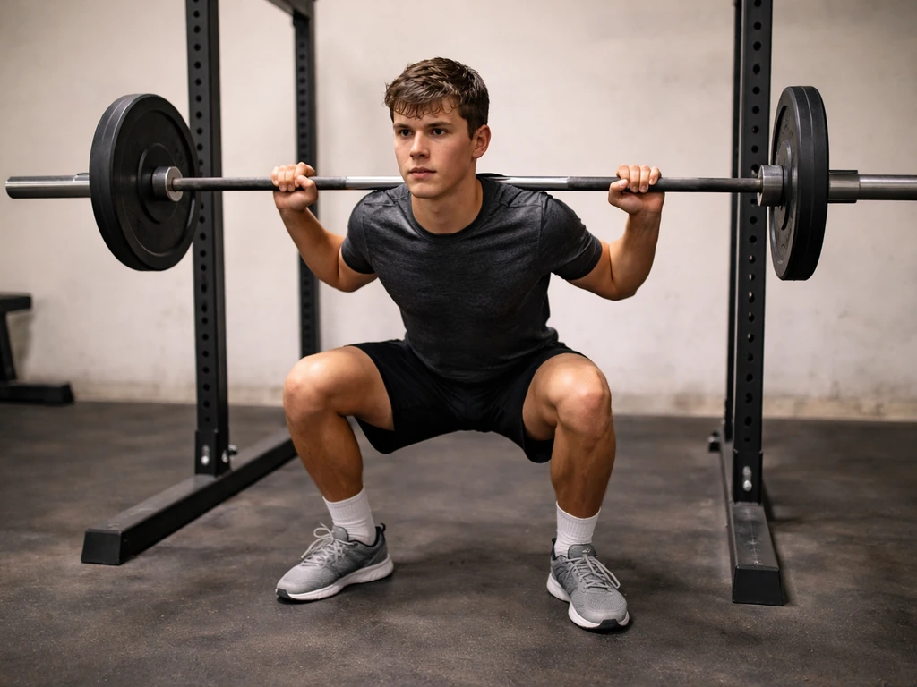Teen doing a controlled barbell squat in a simple gym setting to build strength and bone health.