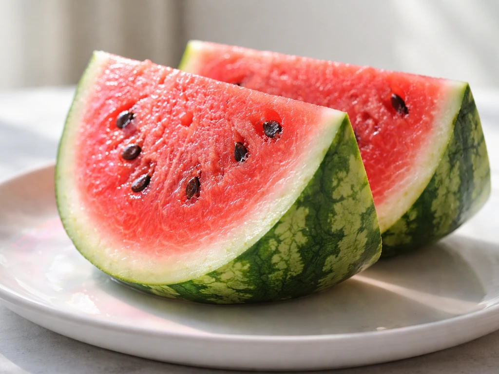 Close-up of fresh watermelon slices with bright juice texture and subtle nutrient-colored lighting cues.