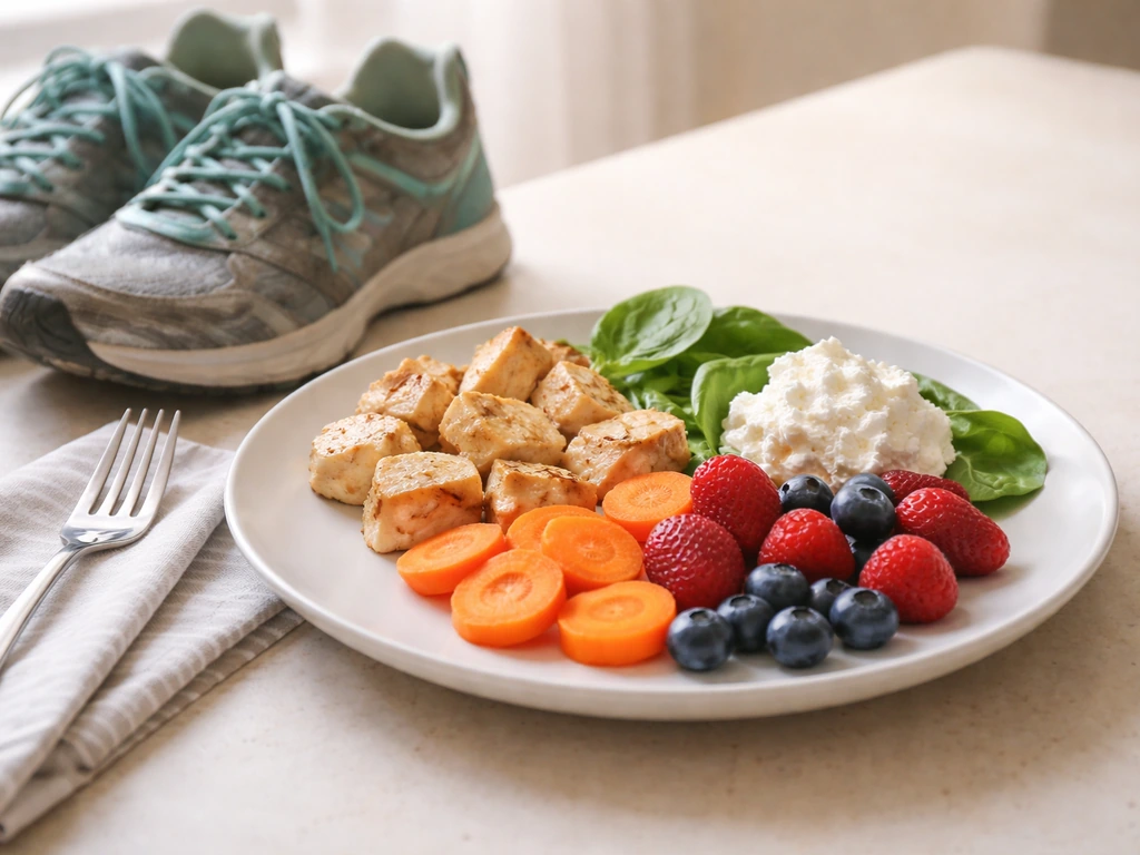 Minimal plate with protein and calcium foods, plus small running shoes on a clean kitchen counter.