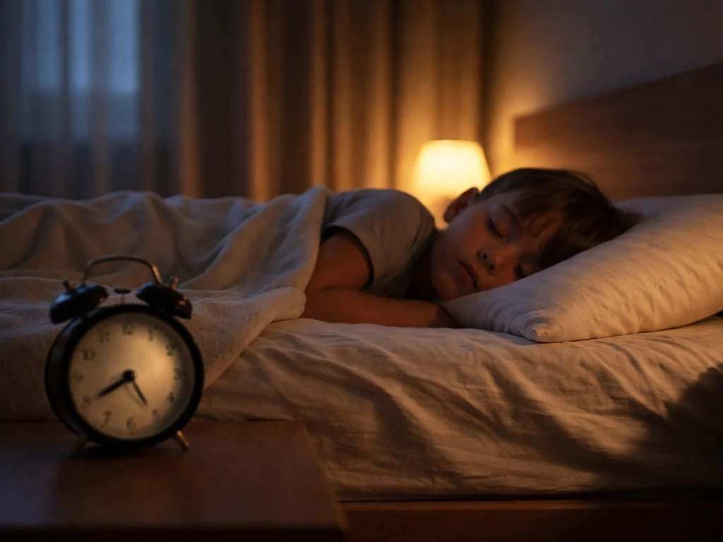 A sleeping child in a bedroom at night with a softly glowing bedside alarm clock.