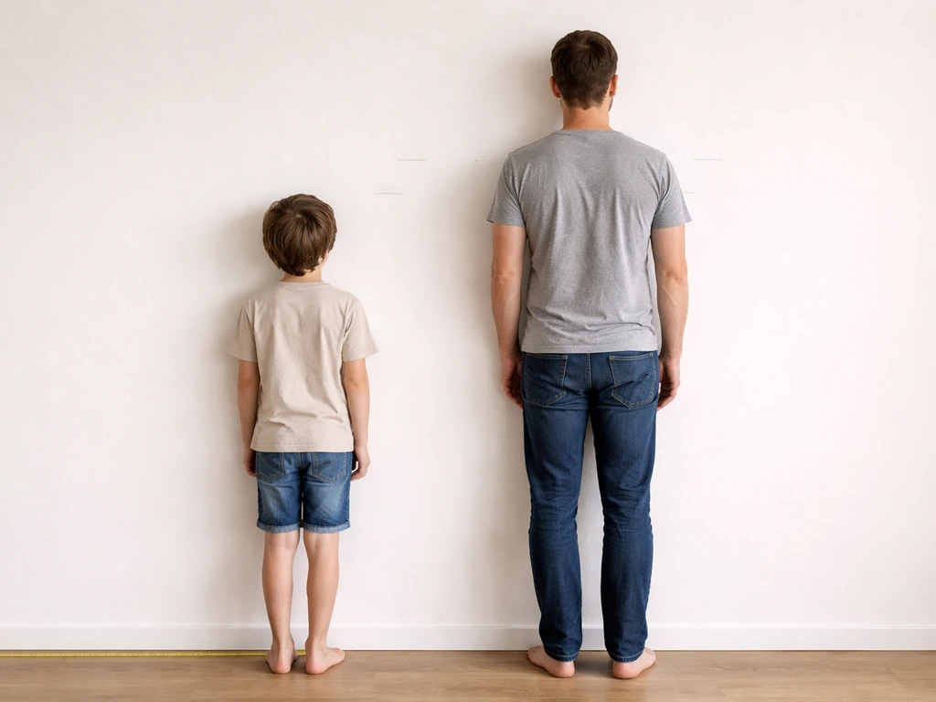 Minimal side-by-side photo of a child and an adult measured on a blank wall, showing growth over time.
