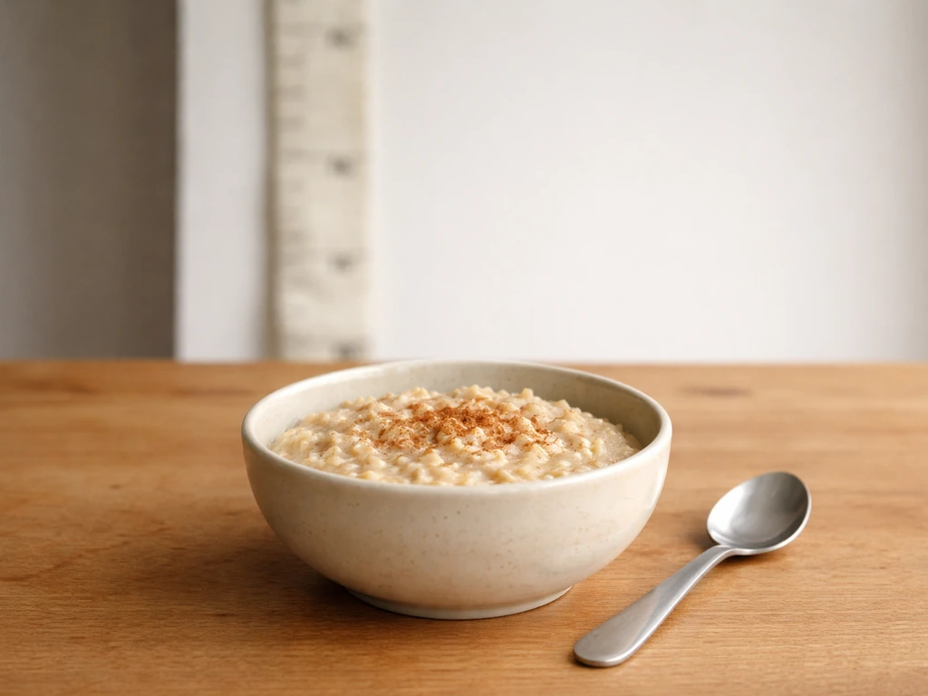 Bowl of oatmeal on a table with a measuring tape laid vertically in the background.