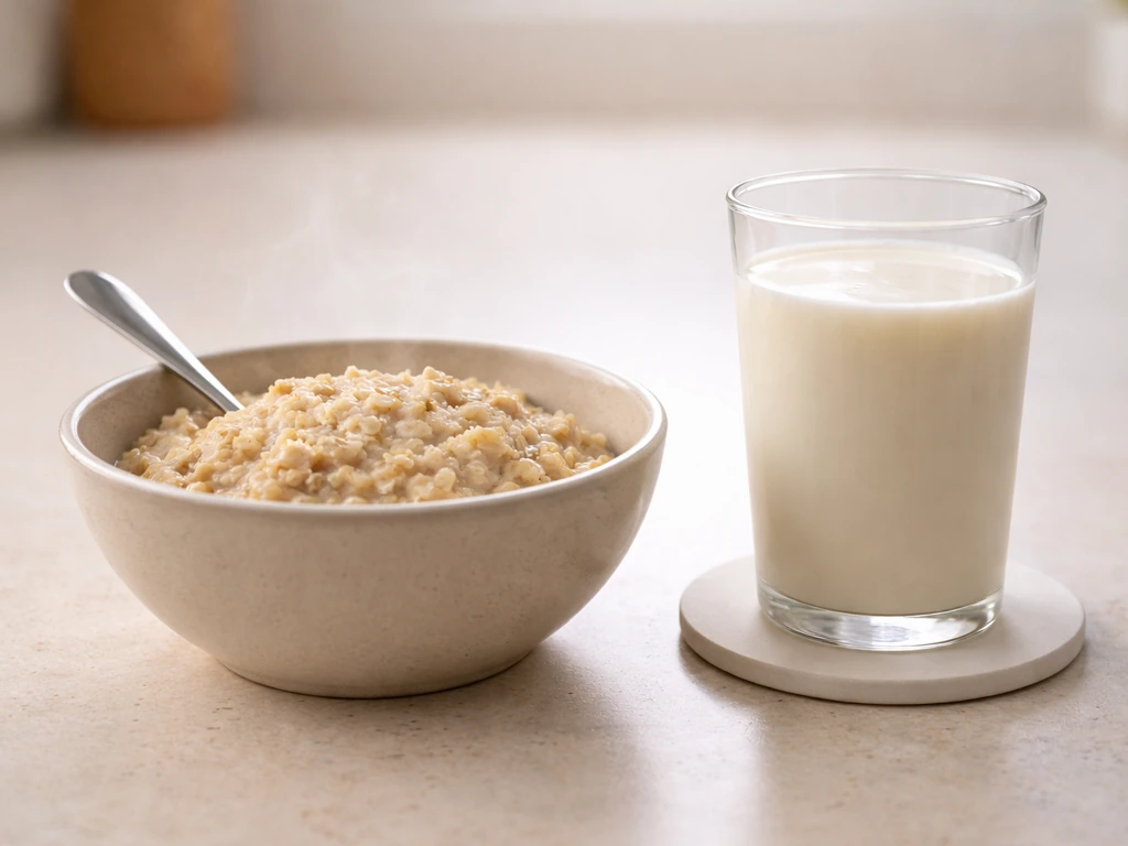 Side-by-side oatmeal in a bowl and fortified oat milk in a glass, minimal kitchen setting