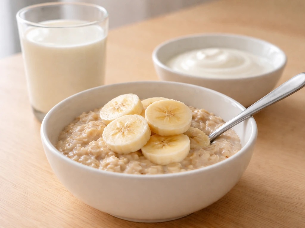 Plate of warm oatmeal paired with milk and yogurt for calcium and vitamin D.