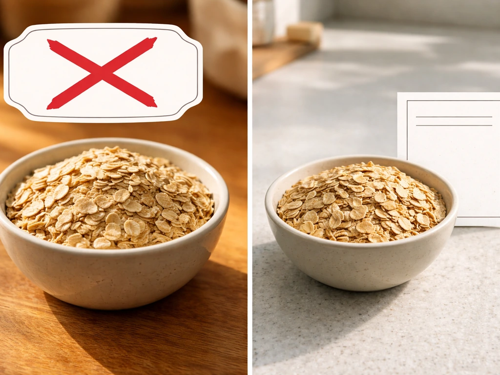 Split scene: oats bowl with a crossed-out “special height compound” idea and a realistic oats nutrient focus