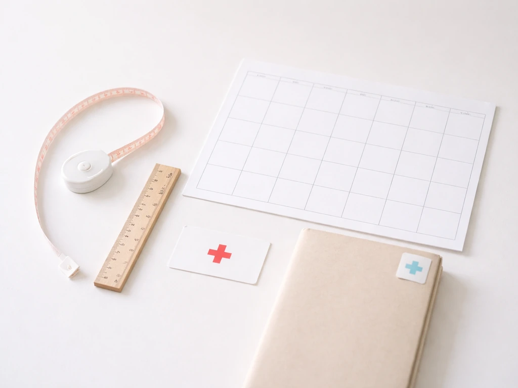 Minimal desk scene with measuring tape, ruler, and a blank calendar implying six-month self-checks.