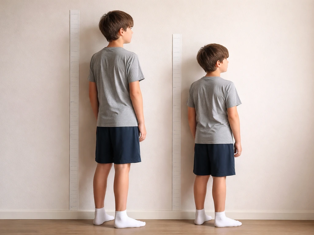 Anonymous teen shown at two heights with leaner proportions at the taller silhouette, suggesting skinnier growth.