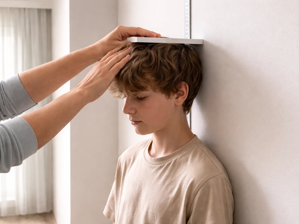 Teen standing near a wall height gauge while a parent measures, showing a growth spurt scene