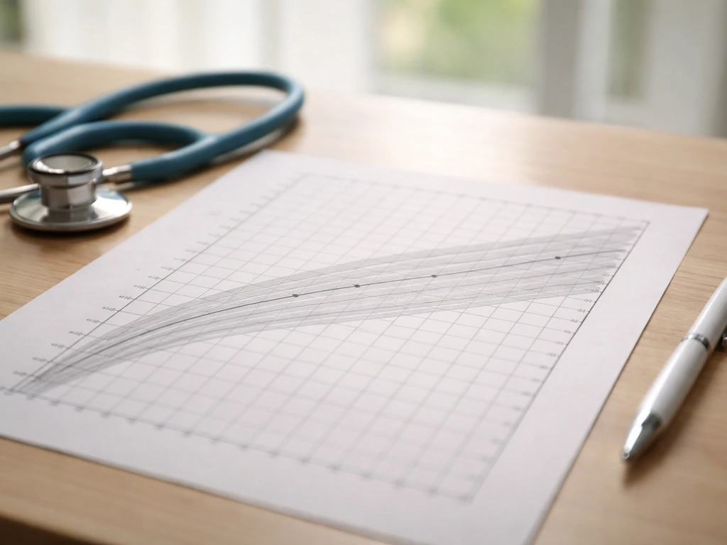 Minimal desk scene with a blurred growth chart showing height/weight percentile curves over time