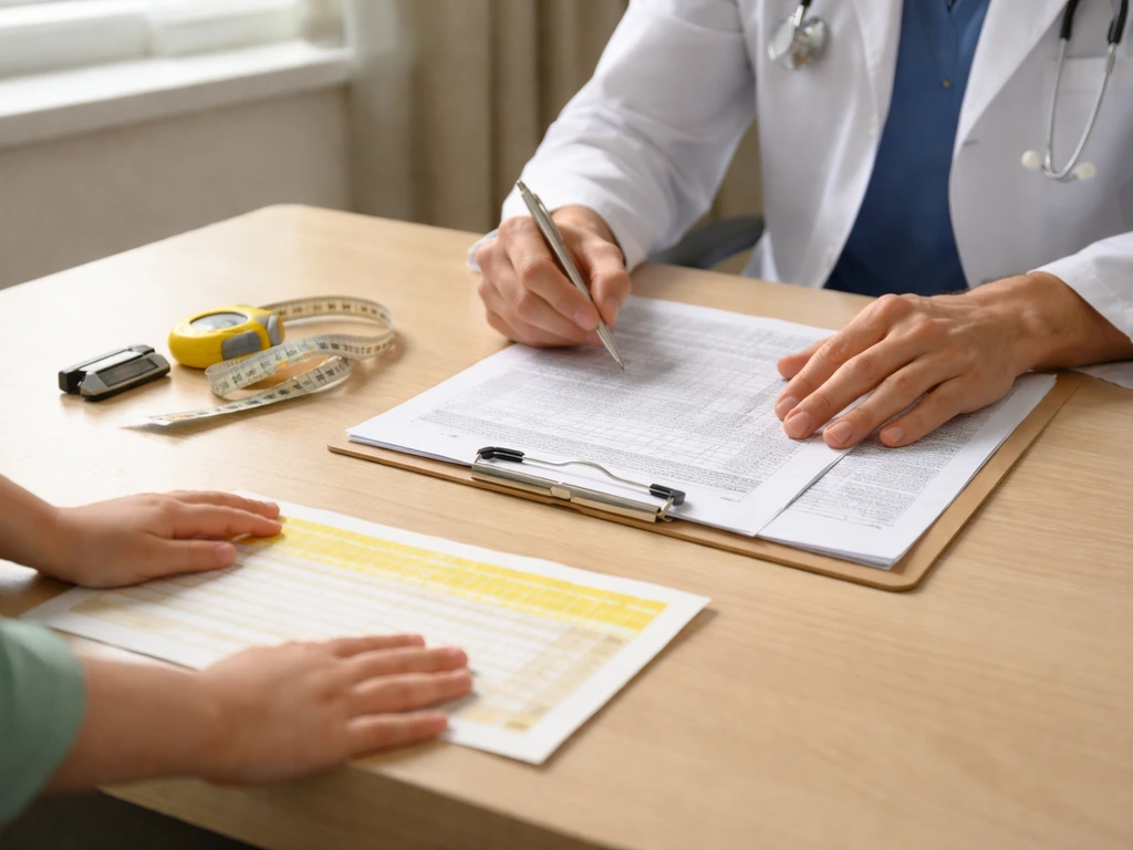 Doctor and family reviewing a child’s growth measurement tools and growth-chart paper on a desk