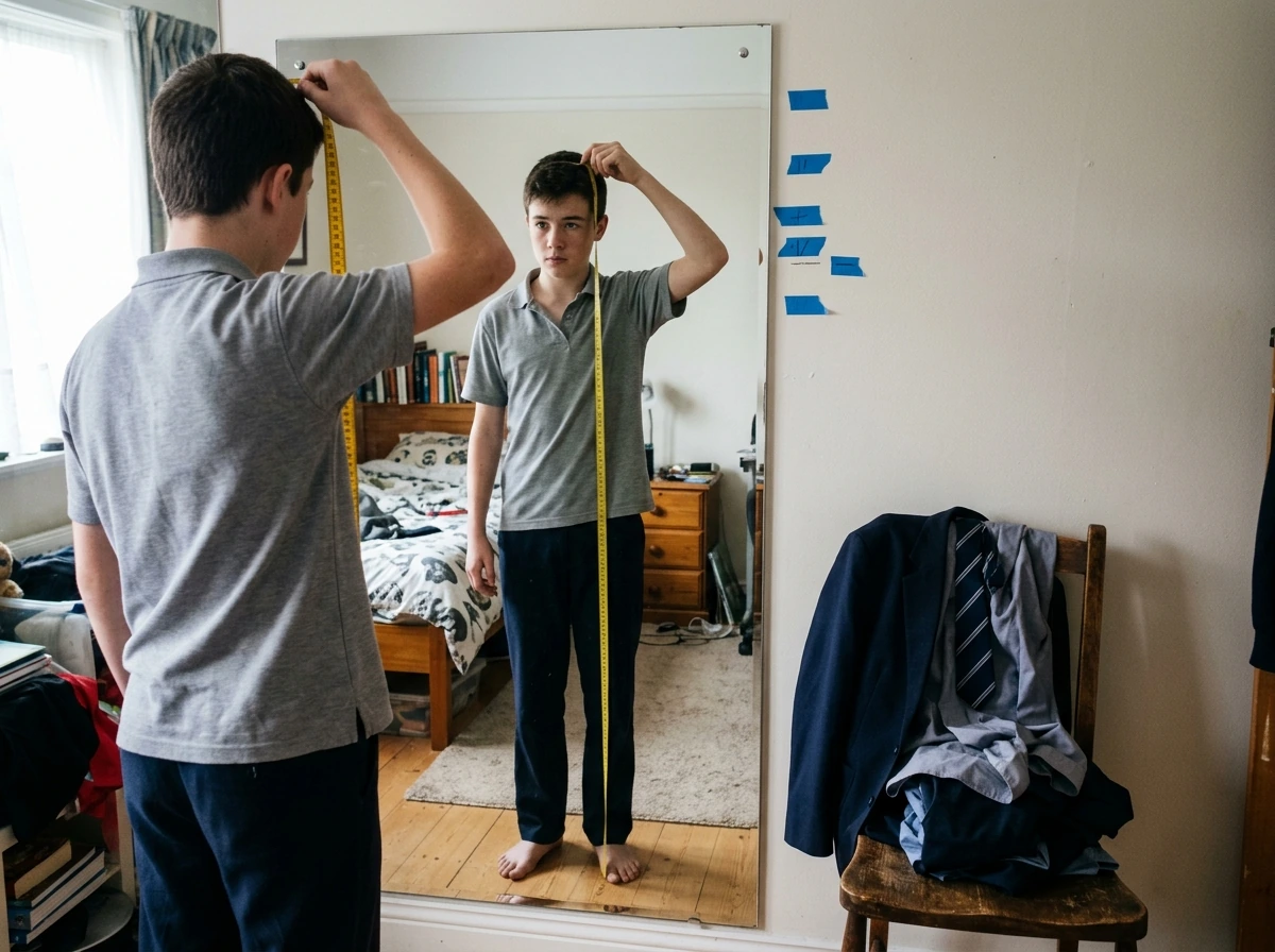 Teen during puberty growth spurt with clothing and measuring tape near a mirror