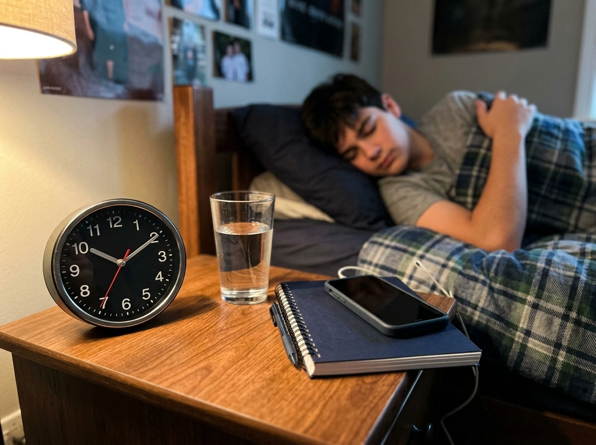 Teen measuring sleep schedule: bedtime routine with alarm-free analog clock near bed