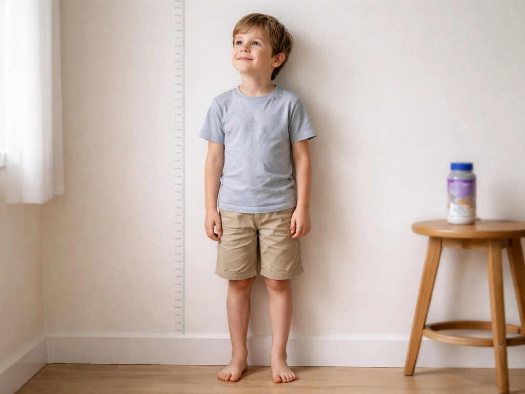Child standing near a height-measuring wall chart, with a nutrition supplement bottle softly blurred in background