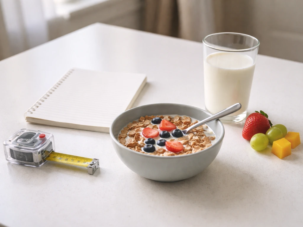 Three simple objects on a table symbolizing height, weight nutrition, and overall intake.