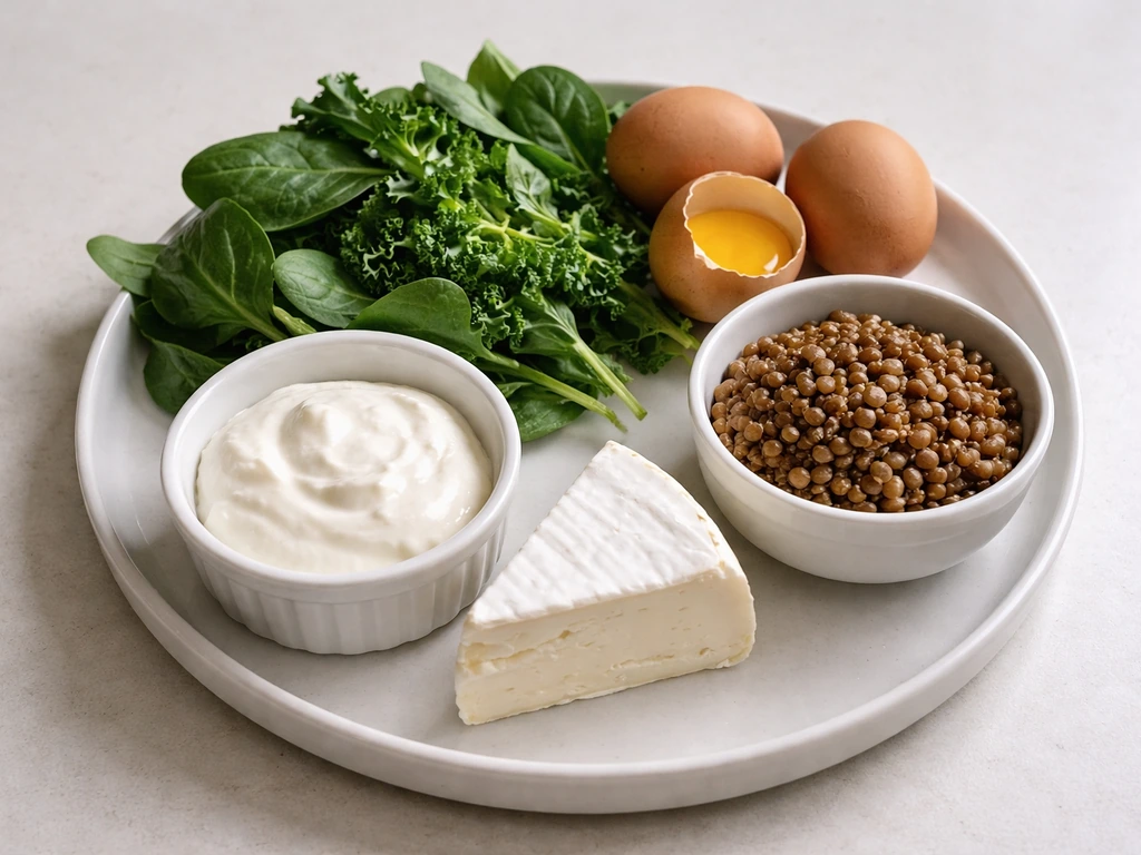 Curated spread of leafy greens, eggs, dairy, and lentils in simple bowls on a white plate